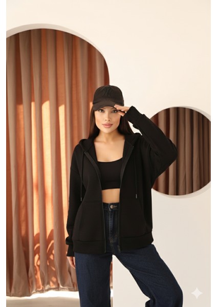 Siyah Oversize Içi Polar ve Fermuar Detaylı Kapüşonlu Kadın Sweatshirt indirimleri