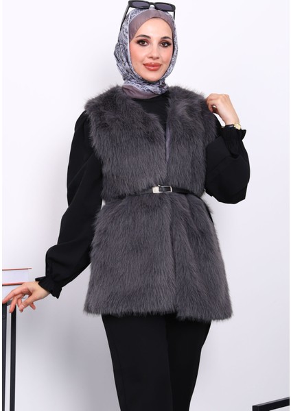 Füme Kemerli Astarlı Kürk Yelek