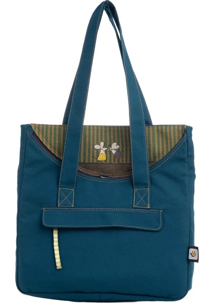 Petrol Mavisi Fare Desenli Canvas Kumaş Omuz Çantası