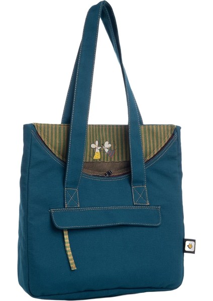 Petrol Mavisi Fare Desenli Canvas Kumaş Omuz Çantası fiyatları