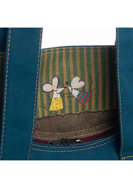 Petrol Mavisi Fare Desenli Canvas Kumaş Omuz Çantası modelleri