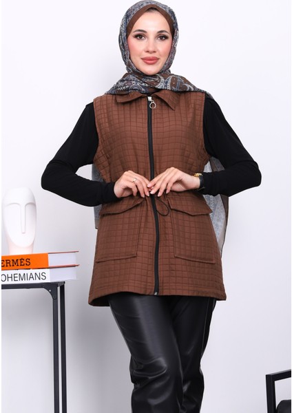 Kahverengi Fermuarlı Kapitone Yelek