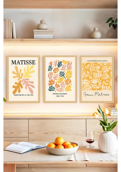 🖼️ Matisse Tarzı Renkli Bitki Desenli 3’lü Çerçeve Görünümlü Tablo Seti🌟 CRVS1164 13 x 17