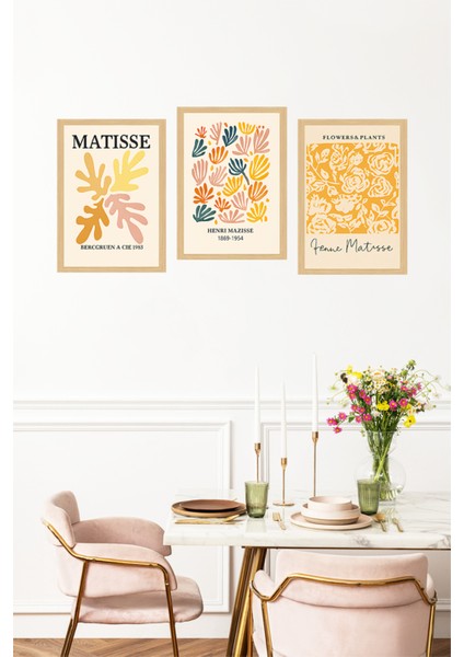 🖼️ Matisse Tarzı Renkli Bitki Desenli 3’lü Çerçeve Görünümlü Tablo Seti🌟 CRVS1164 13 x 17 fırsatları