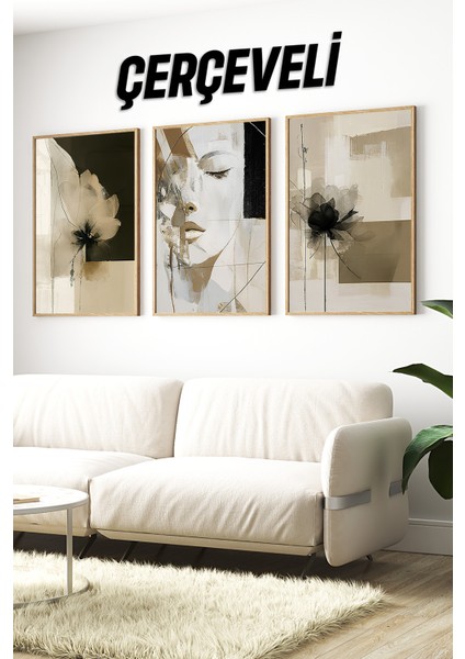 🖤 Soyut Kadın Portresi ve Çiçek Temalı 3’lü Ahşap Çerçeveli Sanatsal Tablo Seti🌿 CRV1167 23 x 32