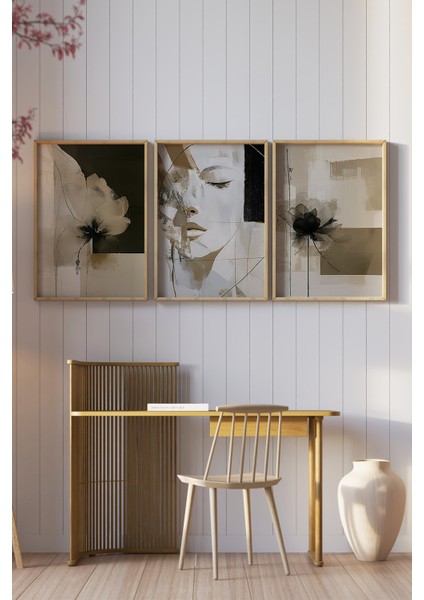 🖤 Soyut Kadın Portresi ve Çiçek Temalı 3’lü Ahşap Çerçeveli Sanatsal Tablo Seti🌿 CRV1167 23 x 32 fiyatları