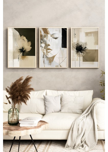 🖤 Soyut Kadın Portresi ve Çiçek Temalı 3’lü Ahşap Çerçeveli Sanatsal Tablo Seti🌿 CRV1167 23 x 32 fırsatları