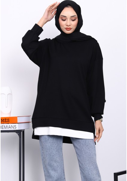 Siyah Bisiklet Yaka Yan Fermuarlı Tunik