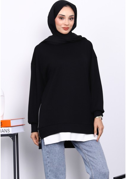 Siyah Bisiklet Yaka Yan Fermuarlı Tunik fırsatları