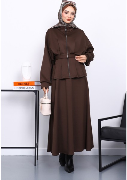 Kahverengi Bel Detaylı Ceket Etekli Scuba Takım fiyatları