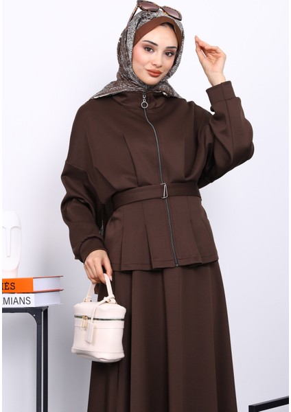 Kahverengi Bel Detaylı Ceket Etekli Scuba Takım modelleri