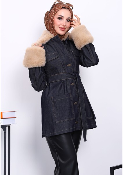 Lacivert Yaka Kol Peluş Kot Ceket