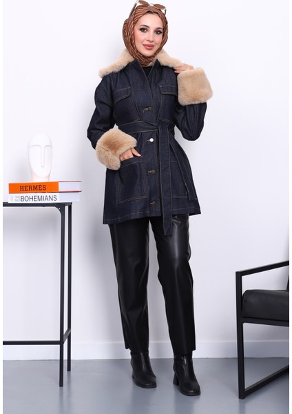 Lacivert Yaka Kol Peluş Kot Ceket fiyatları