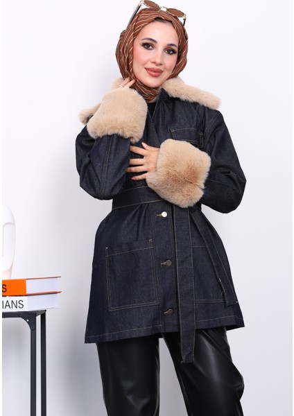 Lacivert Yaka Kol Peluş Kot Ceket modelleri