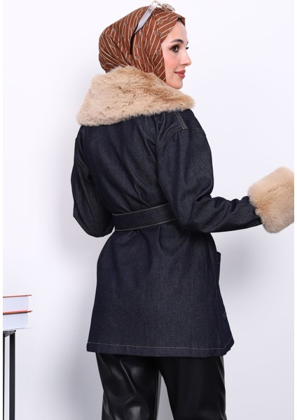 Lacivert Yaka Kol Peluş Kot Ceket fırsatları