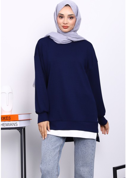 Lacivert Bisiklet Yaka Yan Fermuarlı Tunik