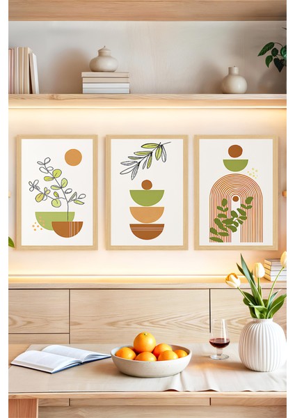 🌿 Zeytin Dalı ve Geometrik Formlu Modern 3’lü Tablo Seti – Ahşap Çerçeve Görünümlü🌟 CRVS1166 13 x 17