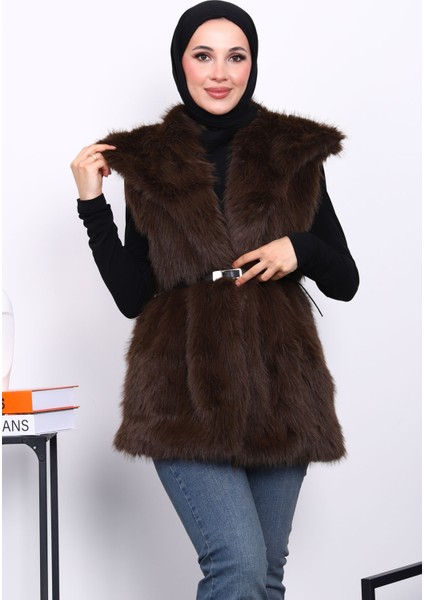 Kahverengi Astarlı Kemerli Kürk Yelek