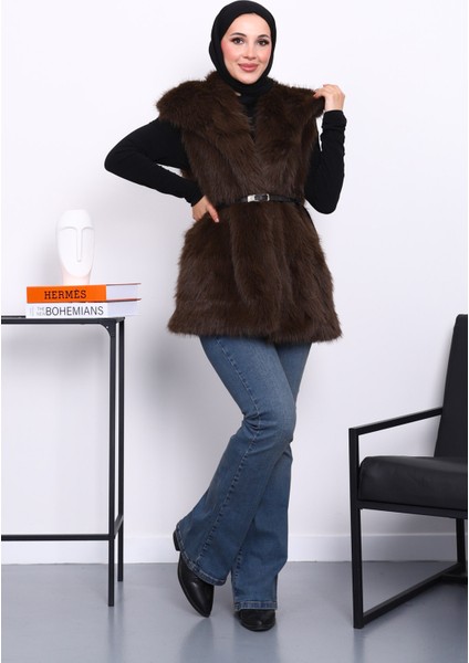 Kahverengi Astarlı Kemerli Kürk Yelek fiyatları