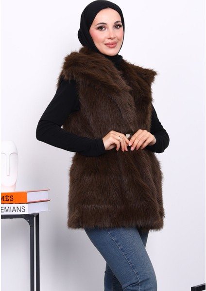 Kahverengi Astarlı Kemerli Kürk Yelek modelleri