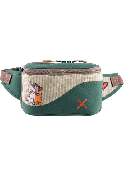 Yeşil Kedi & Köpek Desenli Kanvas Unisex Göğüs ve Bel Çantası