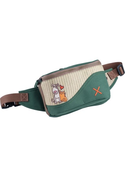 Yeşil Kedi & Köpek Desenli Kanvas Unisex Göğüs ve Bel Çantası indirimleri