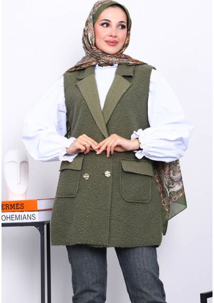 Haki Düğmeli Buklet Yelek