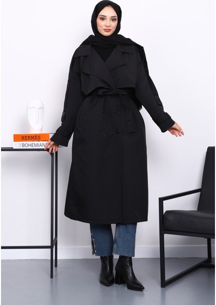 Siyah Kruvaze Yaka Astarlı Trençkot