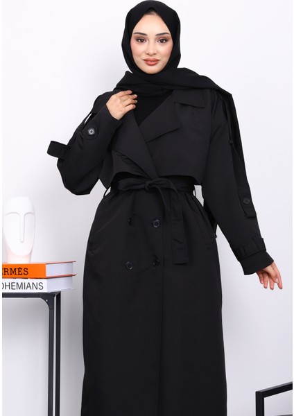 Siyah Kruvaze Yaka Astarlı Trençkot modelleri