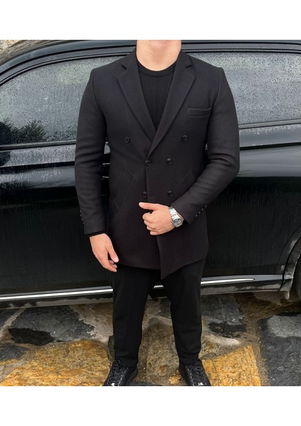 Erkek Kruvaze Slim Fit Kaşe Kaban