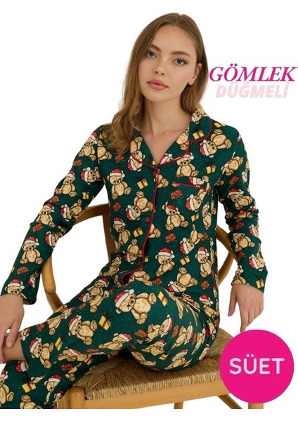 Kadın Gömlek Yaka Önden Düğmeli Saten Biyeli Göğüs Cepli Ince Süet Kışlık Uzun Kol Pijama Takımı