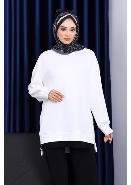 Ekru Bisiklet Yaka Yan Fermuarlı Tunik