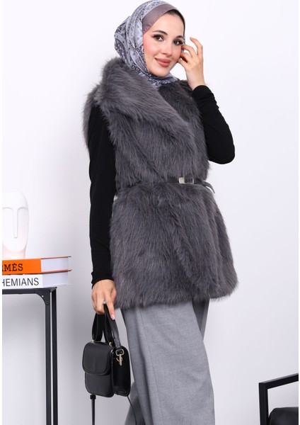 Füme Astarlı Kemerli Kürk Yelek