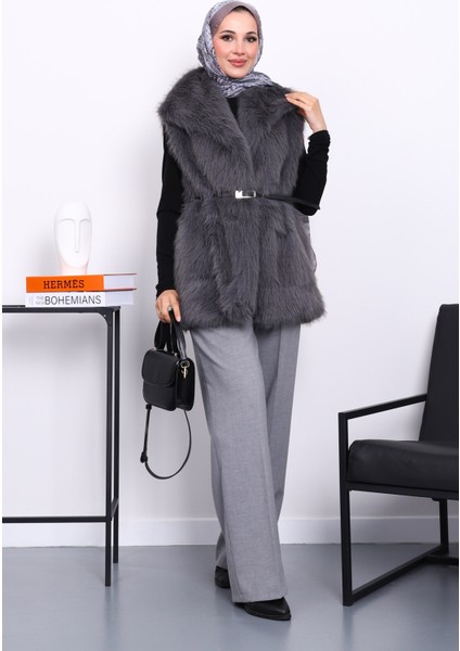 Füme Astarlı Kemerli Kürk Yelek fiyatları
