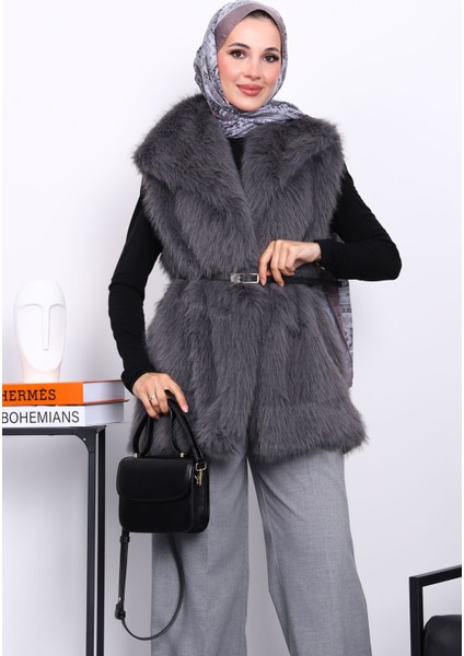 Füme Astarlı Kemerli Kürk Yelek modelleri