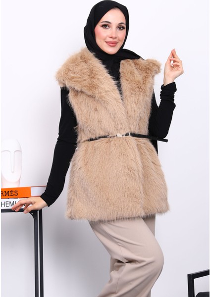 Bisküvi Astarlı Kemerli Kürk Yelek