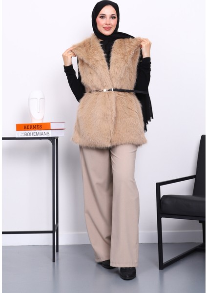 Bisküvi Astarlı Kemerli Kürk Yelek fiyatları