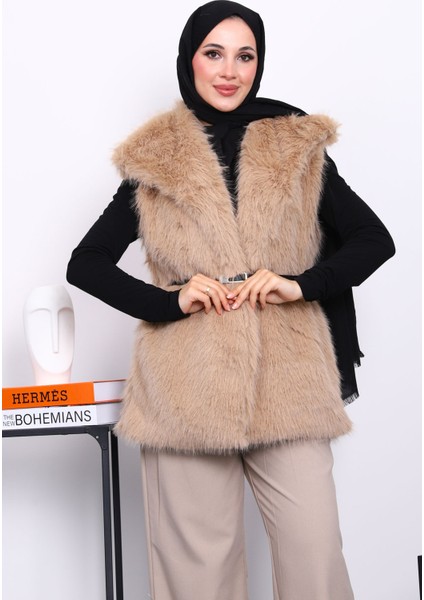 Bisküvi Astarlı Kemerli Kürk Yelek modelleri