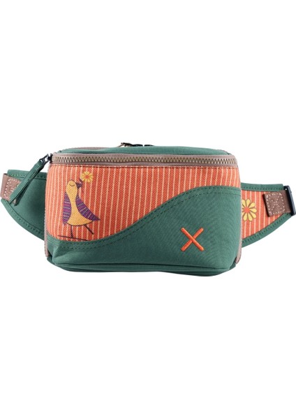 Yeşil Kuş Desenli Kanvas Unisex Göğüs ve Bel Çantası