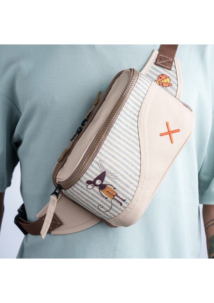 Krem Rengi Fare Desenli Kanvas Unisex Göğüs ve Bel Çantası