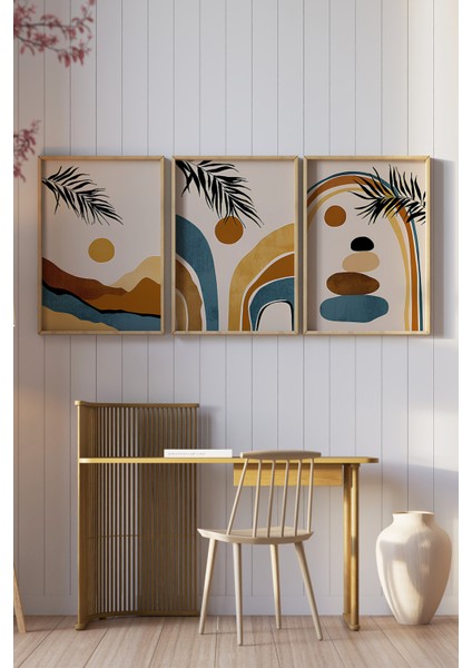 🌿 Doğal Tonlarda Modern Soyut 3'lü Çerçeveli Tablo Seti – Mdf Zeminli, Ahşap Çerçeveli 🌿 CRV1177 23 x 32 fiyatları