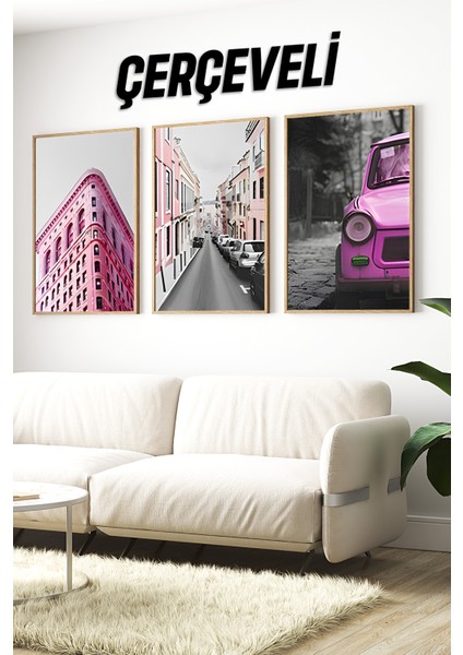 🌆 Pembe Tonlarda Retro Şehir Manzaralı 3’lü Çerçeveli Tablo Seti (3 Ebat Seçeneğiyle) 🌆 CRV1175 23 x 32