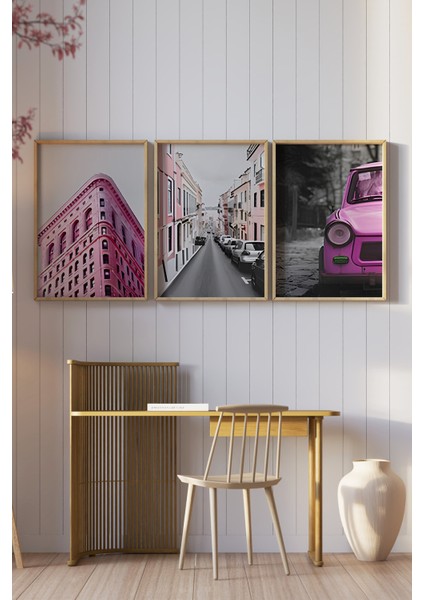 🌆 Pembe Tonlarda Retro Şehir Manzaralı 3’lü Çerçeveli Tablo Seti (3 Ebat Seçeneğiyle) 🌆 CRV1175 23 x 32 fiyatları