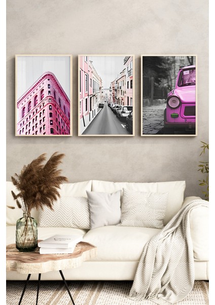 🌆 Pembe Tonlarda Retro Şehir Manzaralı 3’lü Çerçeveli Tablo Seti (3 Ebat Seçeneğiyle) 🌆 CRV1175 23 x 32 fırsatları