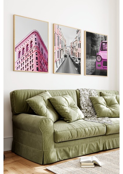 🌆 Pembe Tonlarda Retro Şehir Manzaralı 3’lü Çerçeveli Tablo Seti (3 Ebat Seçeneğiyle) 🌆 CRV1175 23 x 32 indirimleri