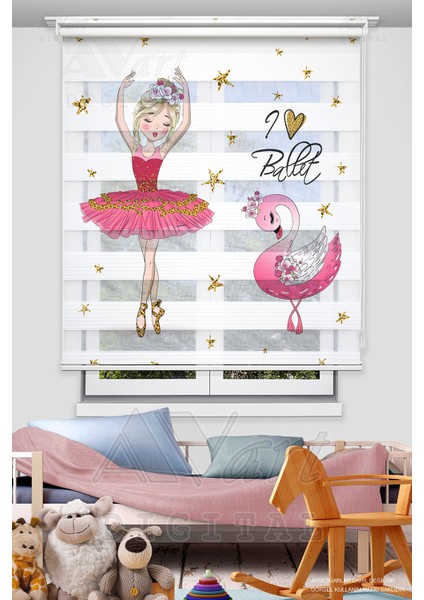 Balerin ve Kuğu Baskılı Çocuk Odası Perdesi - Dijital Baskılı Zebra Stor Perde