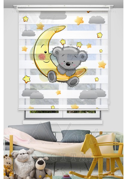 Ay Dede ve Sevimli Ayıcık Baskılı Çocuk Odası Perdesi - Dijital Baskılı Zebra Stor Perde