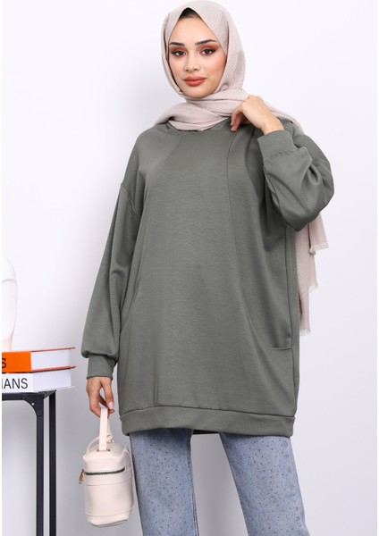 Haki Kapşonlu Çift Cepli Sweat