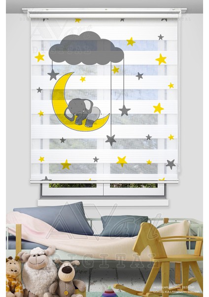 Ay Dede ve Uyuyan Yavru Fil Baskılı Çocuk Odası Perdesi - Dijital Baskılı Zebra Stor Perde