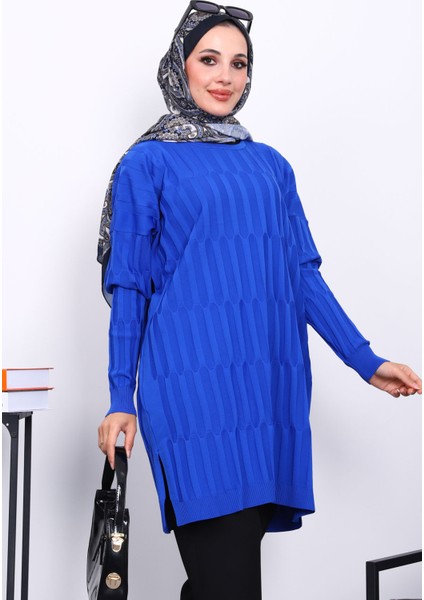Saks Mavi Soğuk İplik Merserize Triko Tunik